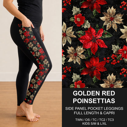 B303 - Preorder Golden Red Poinsettias Side Panel Pocket Leggings (Closes 7/26. ETA: early Oct.)