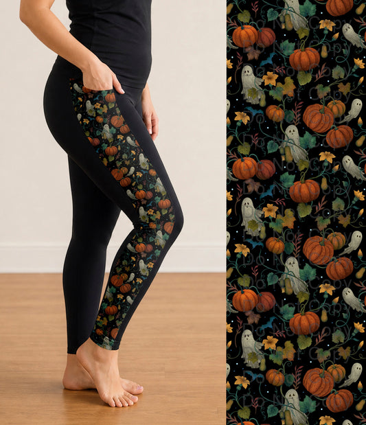 RTS - Ghostly Pumpkin Patch Side Panel Leggings with Pockets