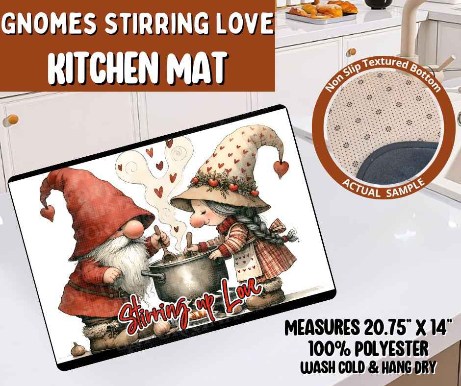 Preorder! Closes 10/19. ETA Jan. Gnomes Stirring Love Kitchen Mat