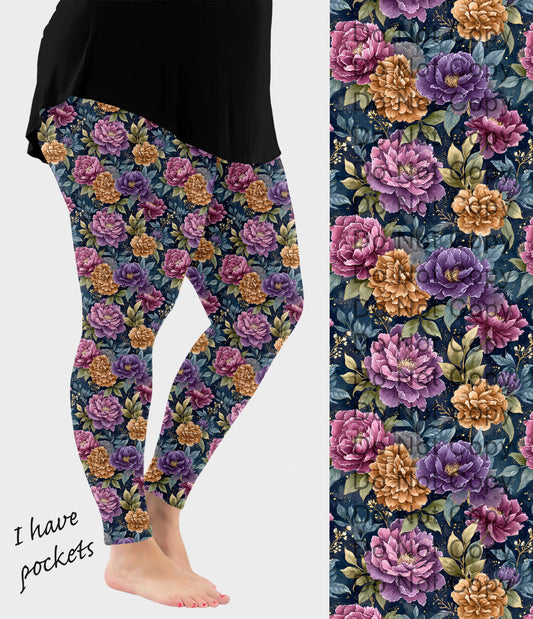 RTS - Gold and Purple Peonies Leggings with Pockets