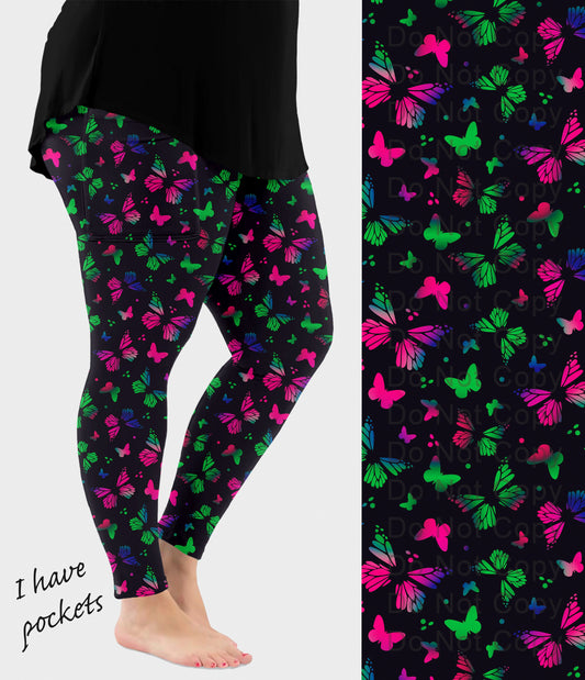 RTS - Green and Pink Butterflies Leggings w/ Pockets