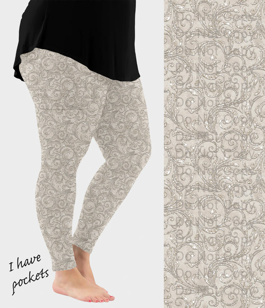 RTS - Greige Paisley Sparkle Leggings w/ Pockets