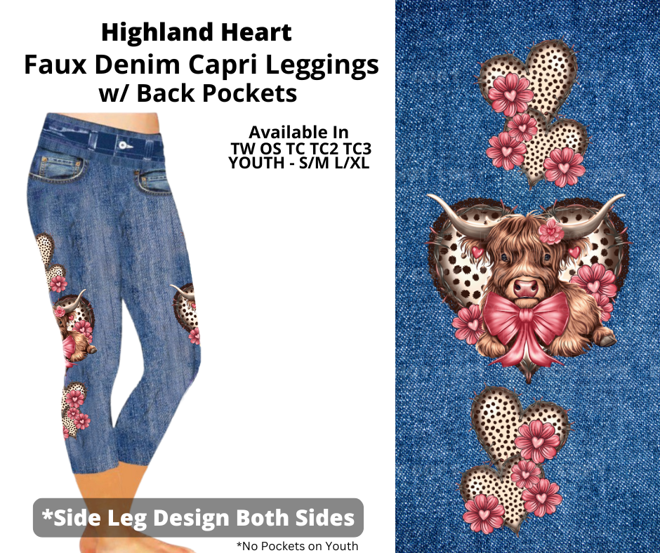 Preorder! Closes 2/5. ETA April. Highland Heart Capris Faux Denim w/ Side Leg Designs