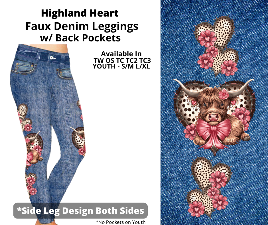 Preorder! Closes 2/5. ETA April. Highland Heart Full Length Faux Denim w/ Side Leg Designs