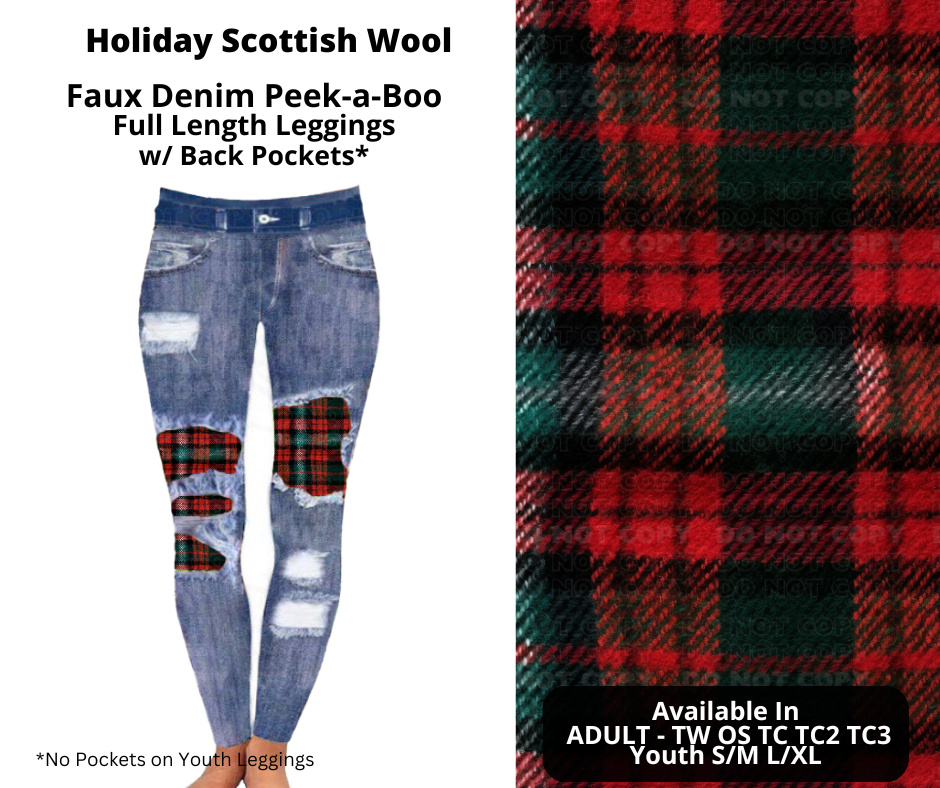 Holiday Scottish Wool Faux Denim Full Length Peekaboo Leggings