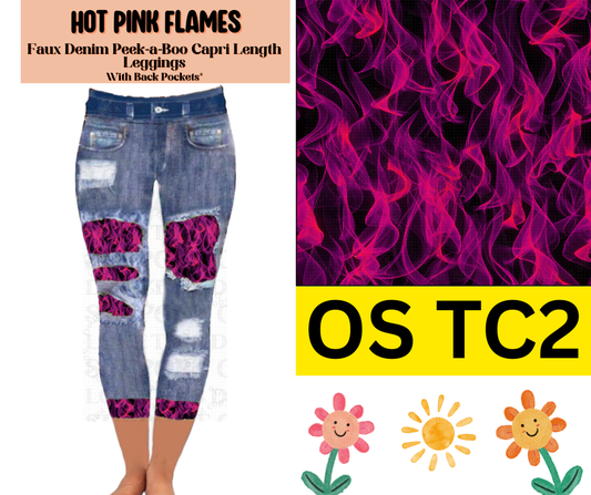 Hot Pink Flames Capri Faux Denim Peekaboo