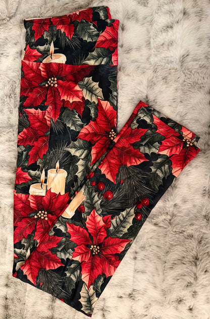 Poinsettia Full Length Leggings With Pockets