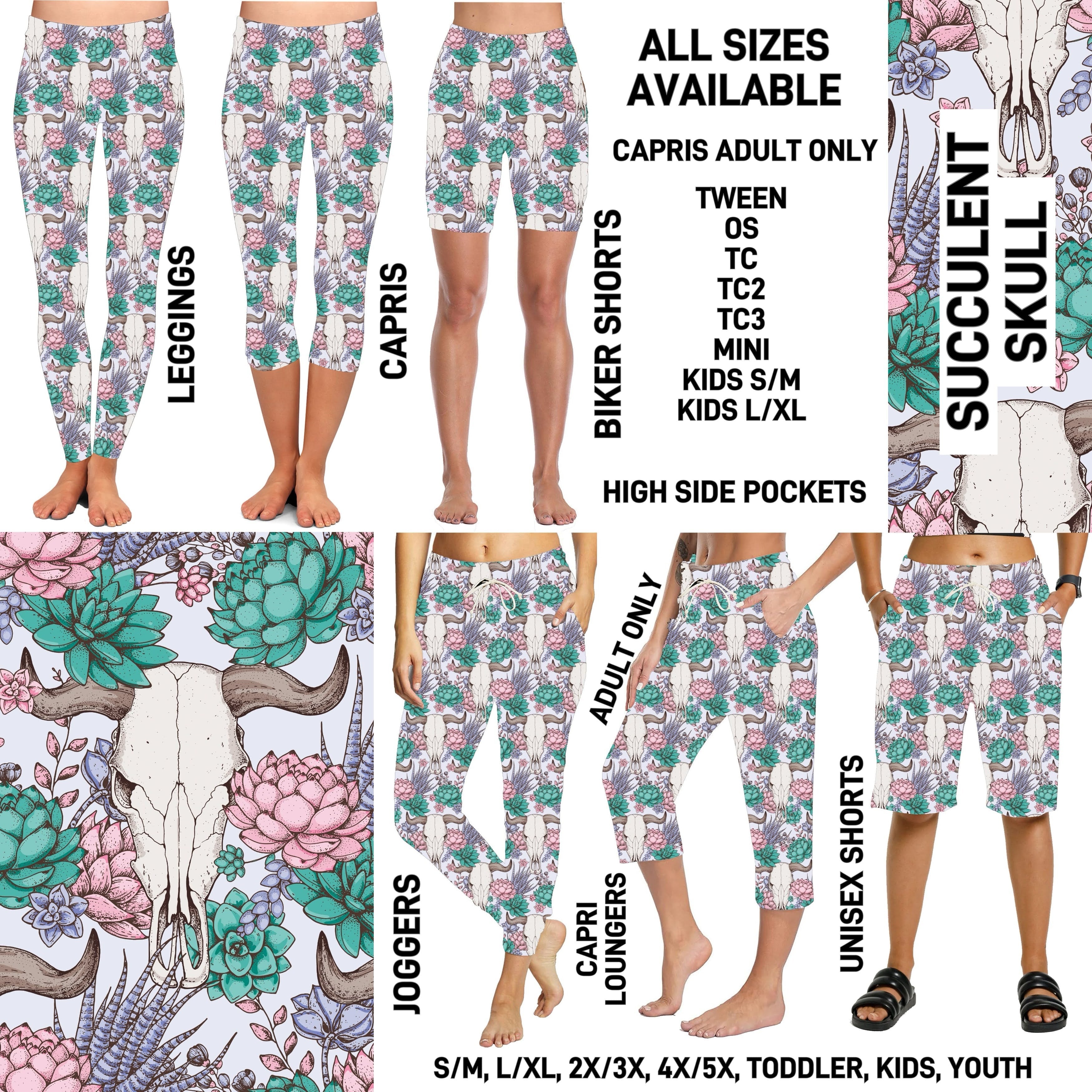 232BT - Succulent Skull Biker/Capris/Leggings with High Side Pockets - Preorder ETA: Mid-Nov