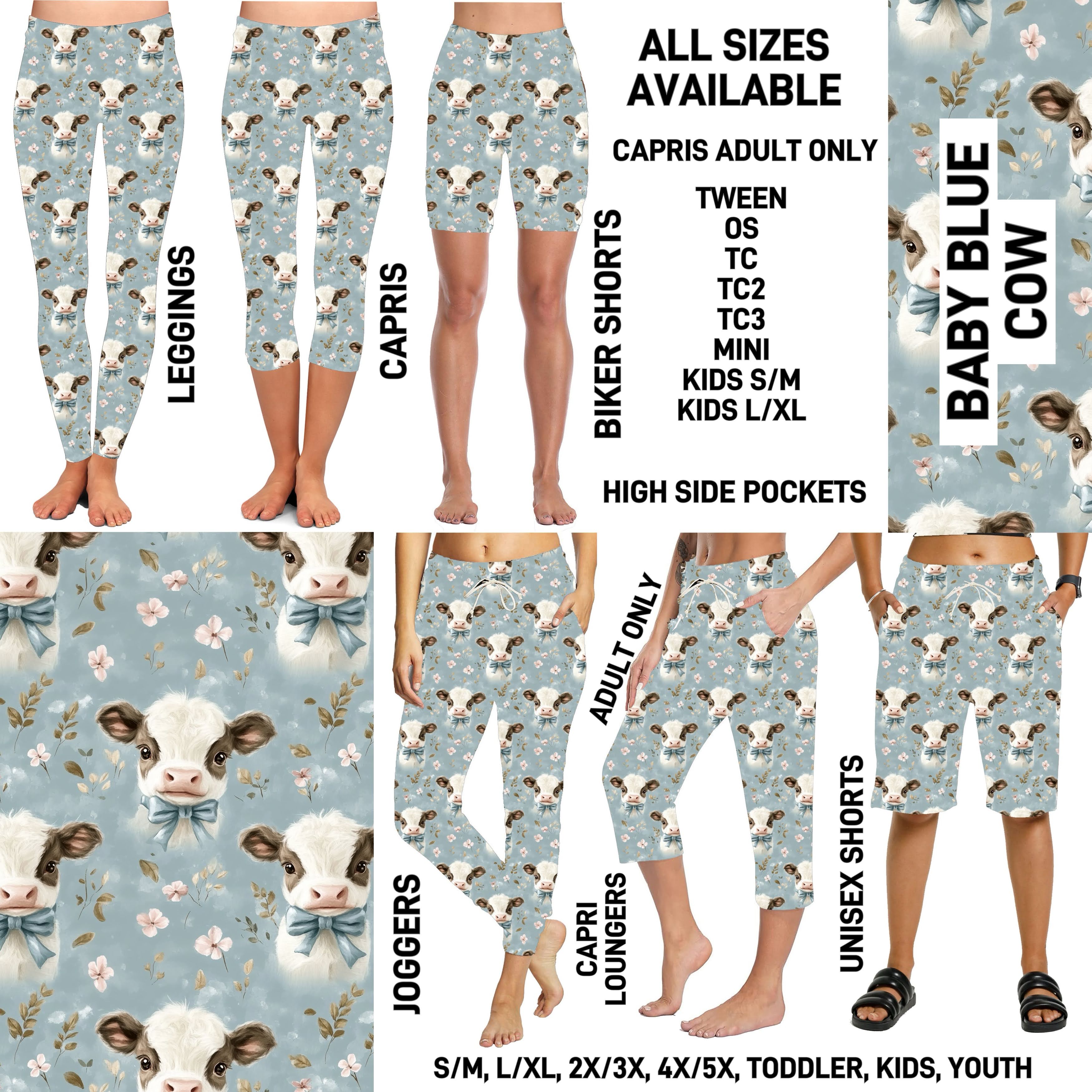 232BT - Baby Blue Cow Biker/Capris/Leggings with High Side Pockets - Preorder ETA: Mid-Nov