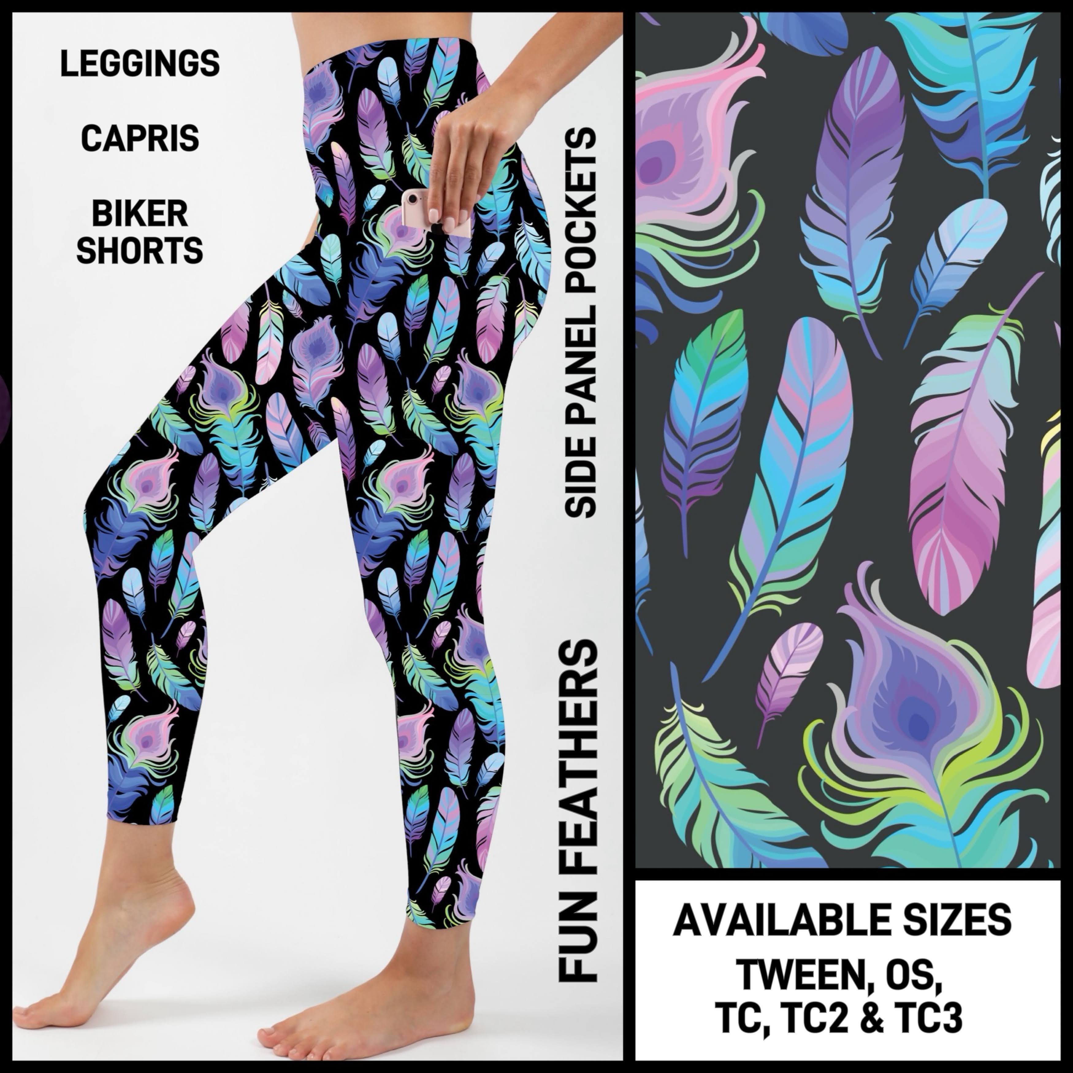 PN1P - Fun Feathers Biker/Capris/Leggings with Side Panel Pockets - Preorder ETA: Late Nov