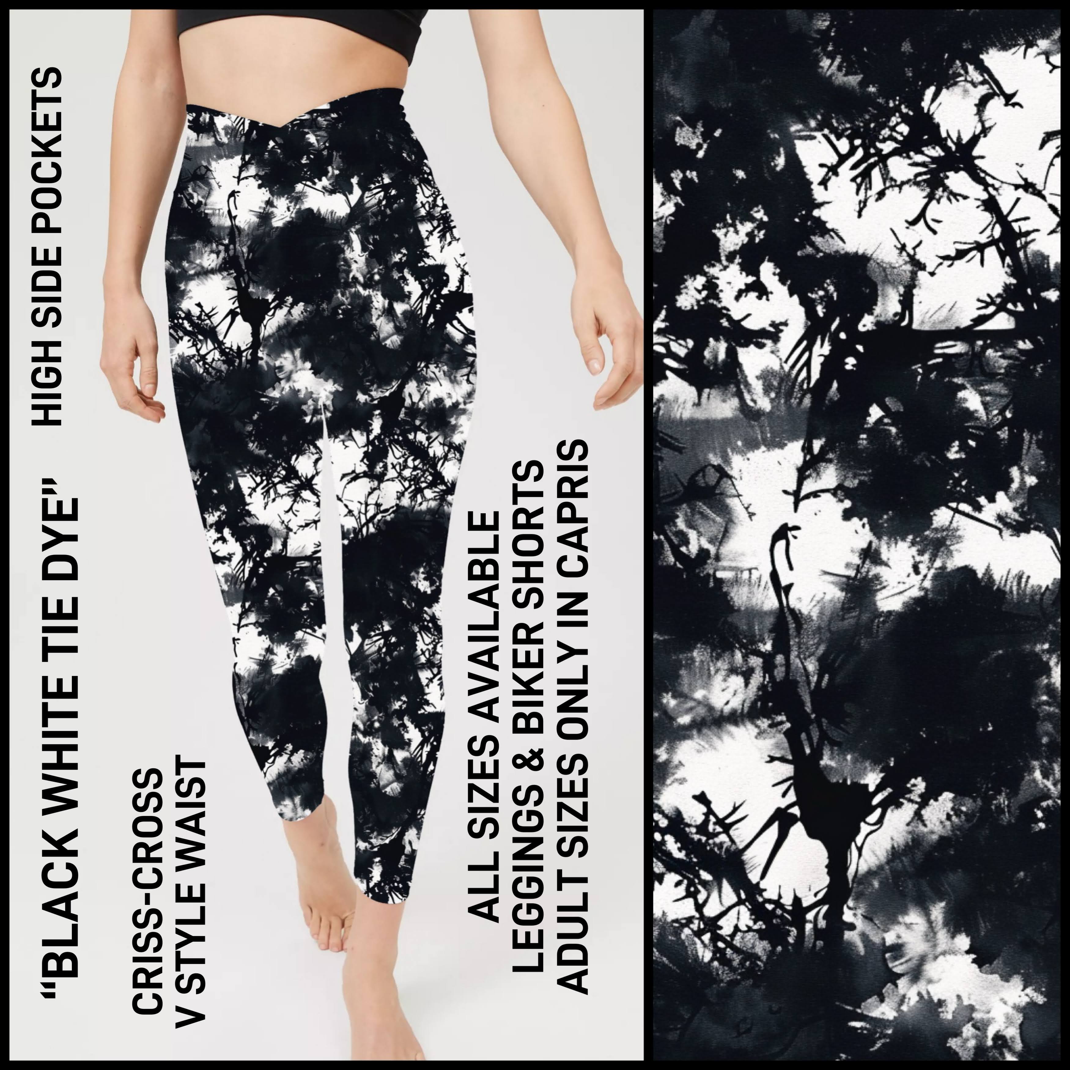 CV1P - Black White Tie Dye Criss Cross V-Waist Biker/Capris/Leggings with High Side Pockets - Preorder ETA: Late March