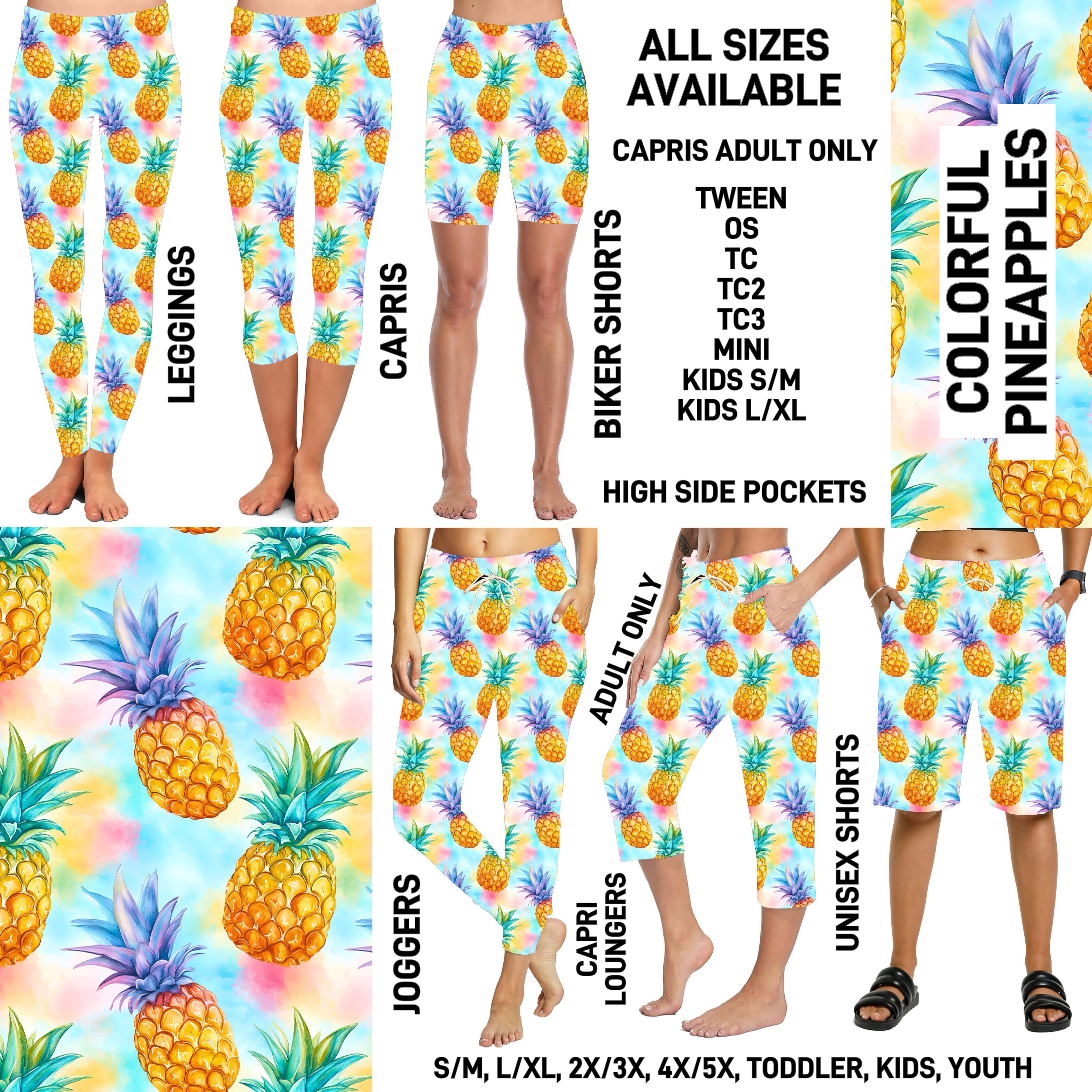 240BT - Colorful Pineapples Biker/Capris/Leggings with High Side Pockets - Preorder ETA: Late March