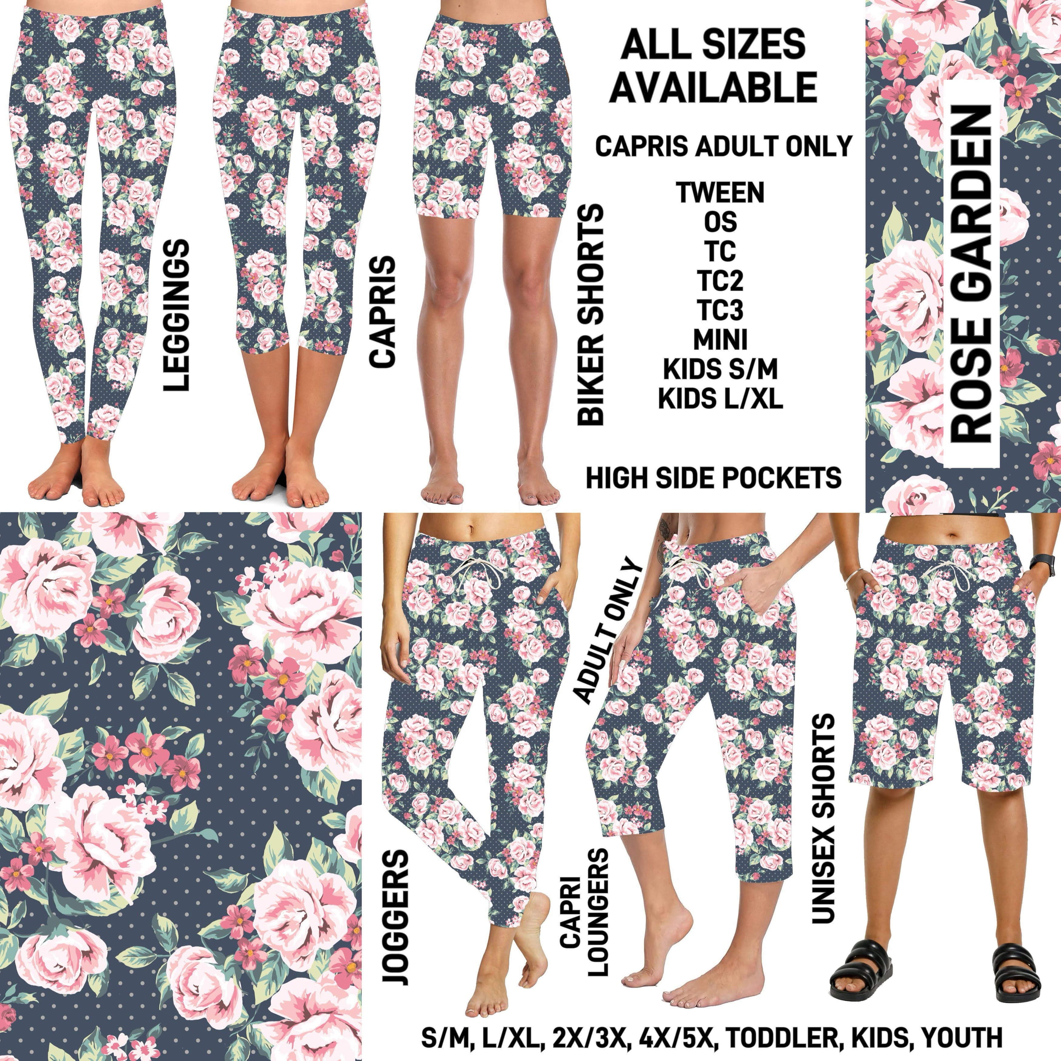 240BT - Rose Garden Biker/Capris/Leggings with High Side Pockets - Preorder ETA: Late March