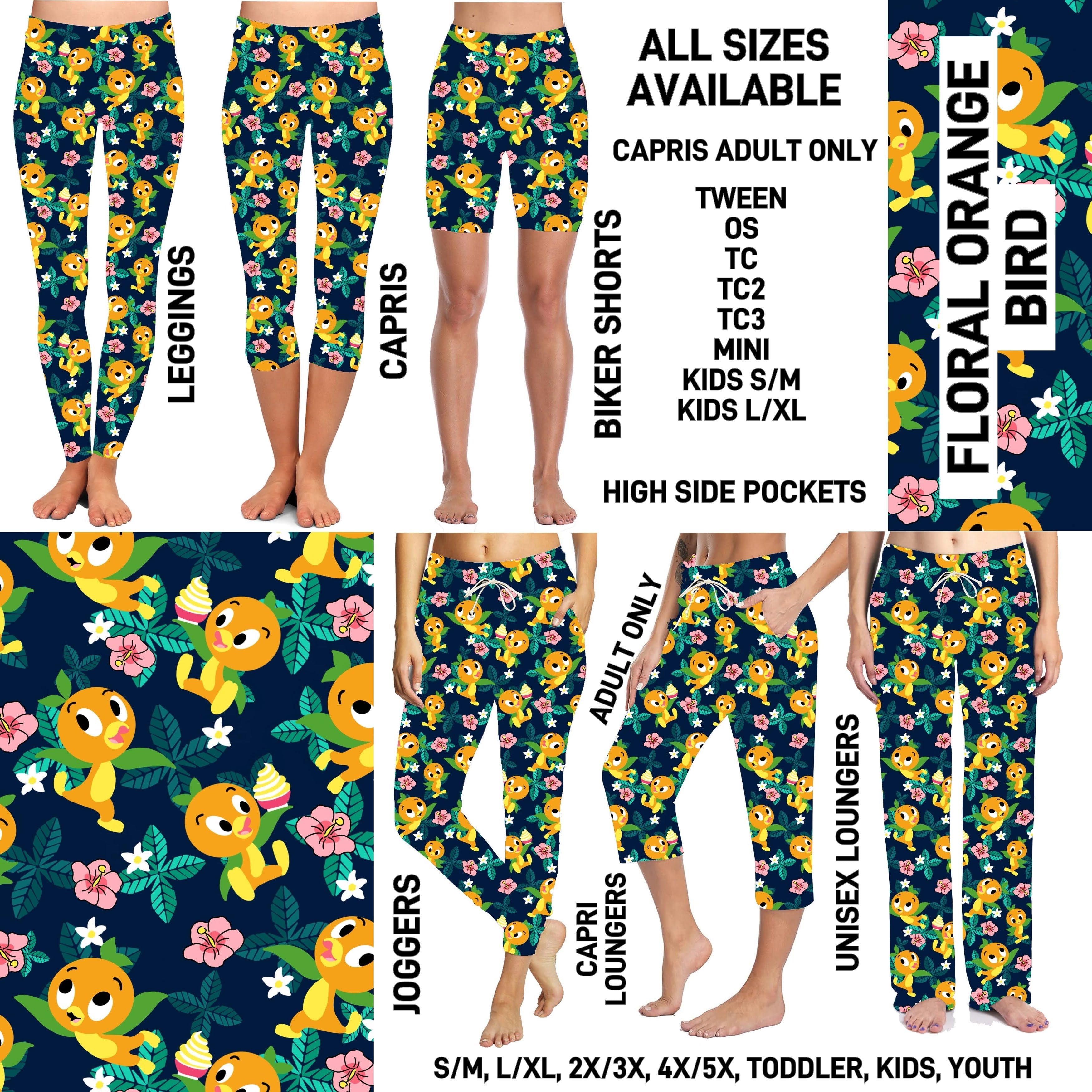 235BT - Floral Orange Bird Unisex Full Joggers/Unisex Capri/Full Loungers - Preorder ETA: Mid-Dec