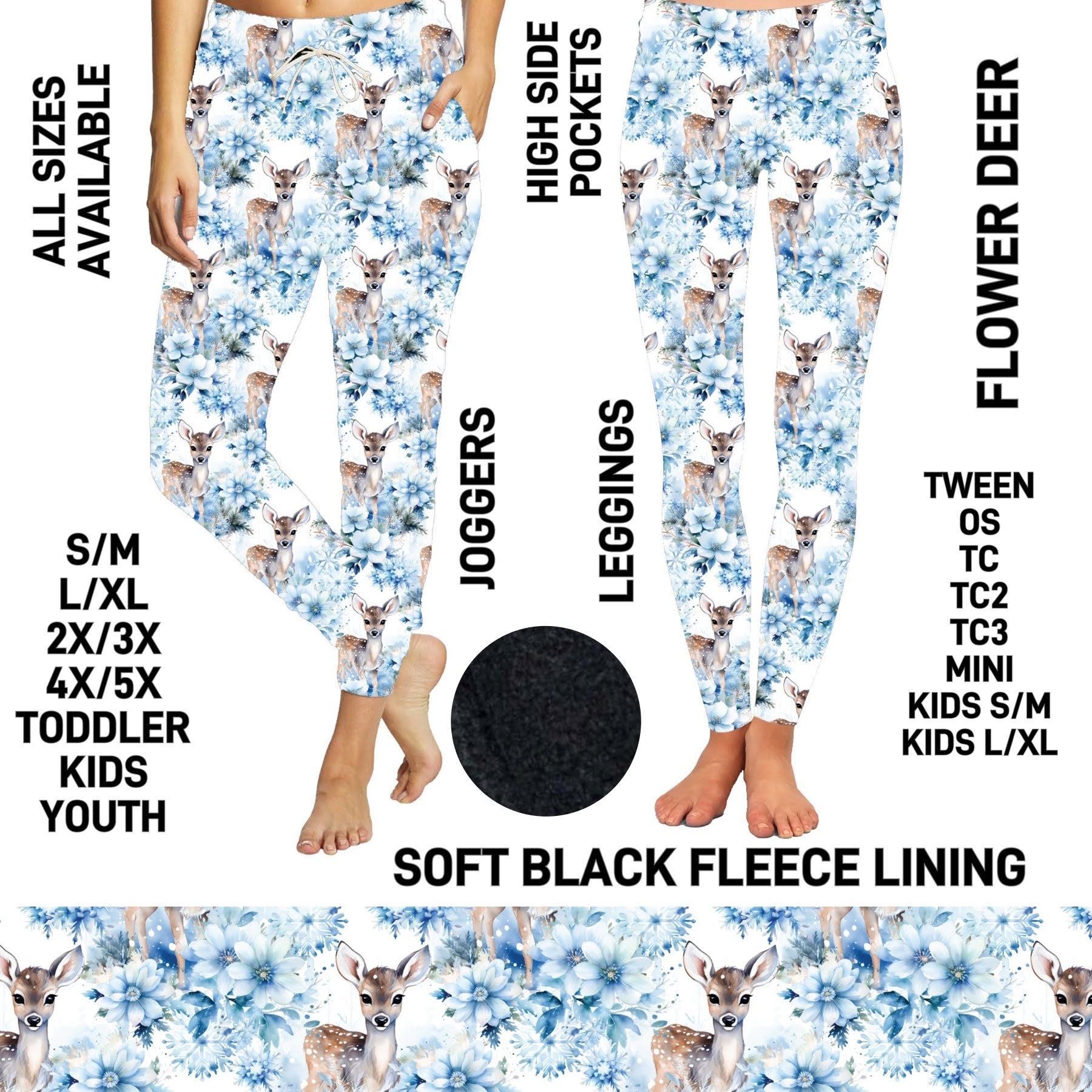 F6LJ - Flower Deer Fleece-Lined Leggings with High Side Pockets - Preorder ETA: Early Jan