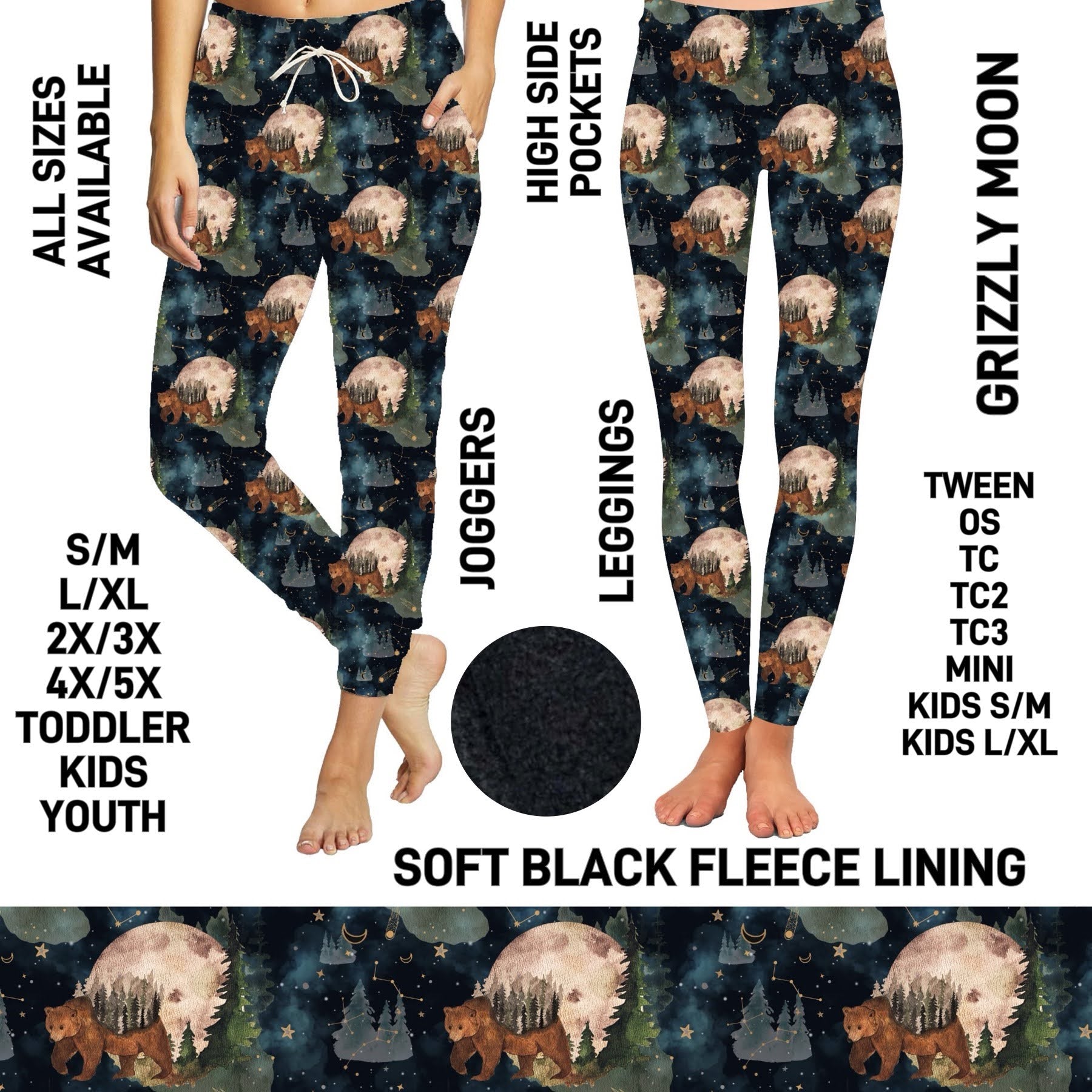 F6LJ - Grizzly Moon Fleece-Lined Leggings with High Side Pockets - Preorder ETA: Early Jan