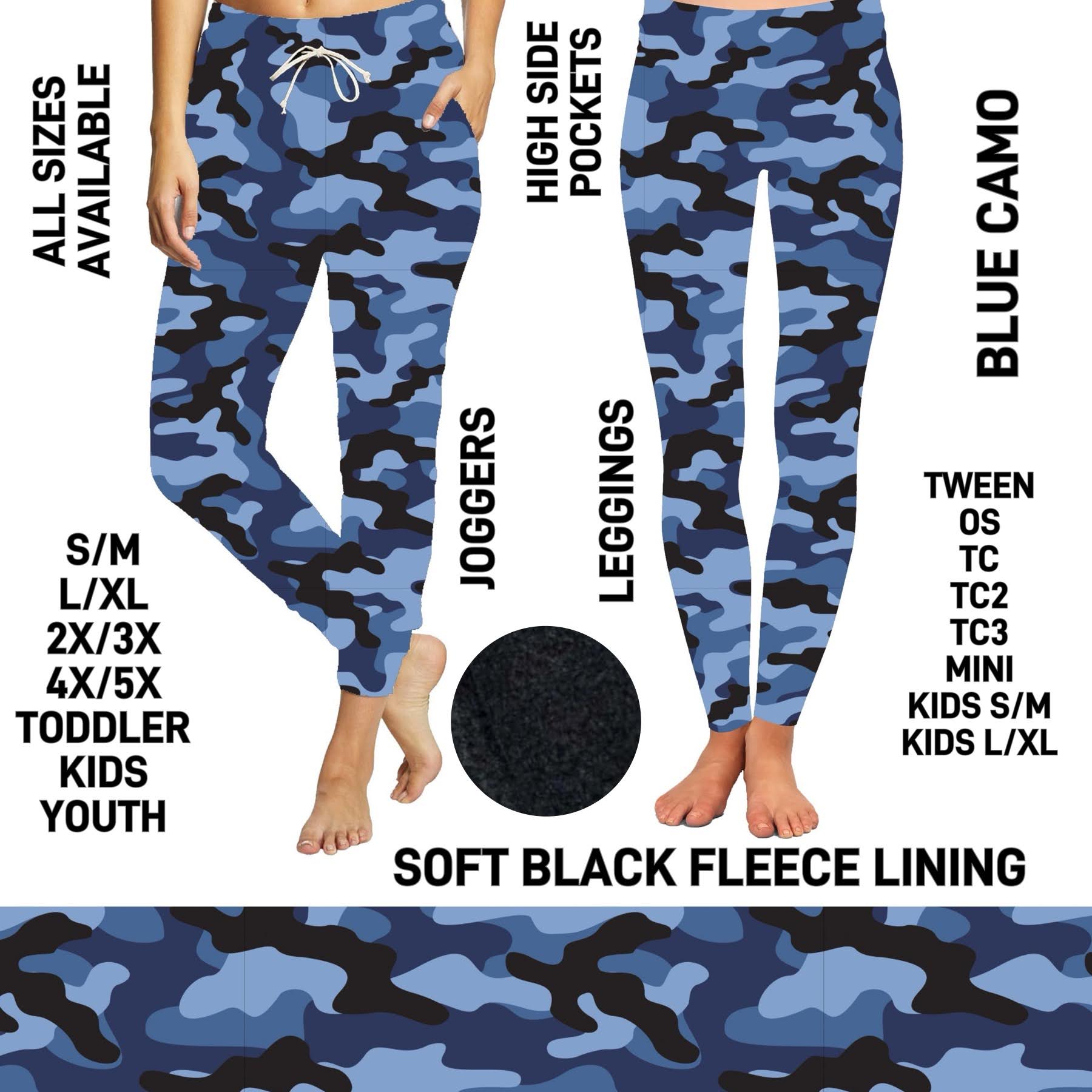 F6LJ - Blue Camo Fleece-Lined Leggings with High Side Pockets - Preorder ETA: Early Jan