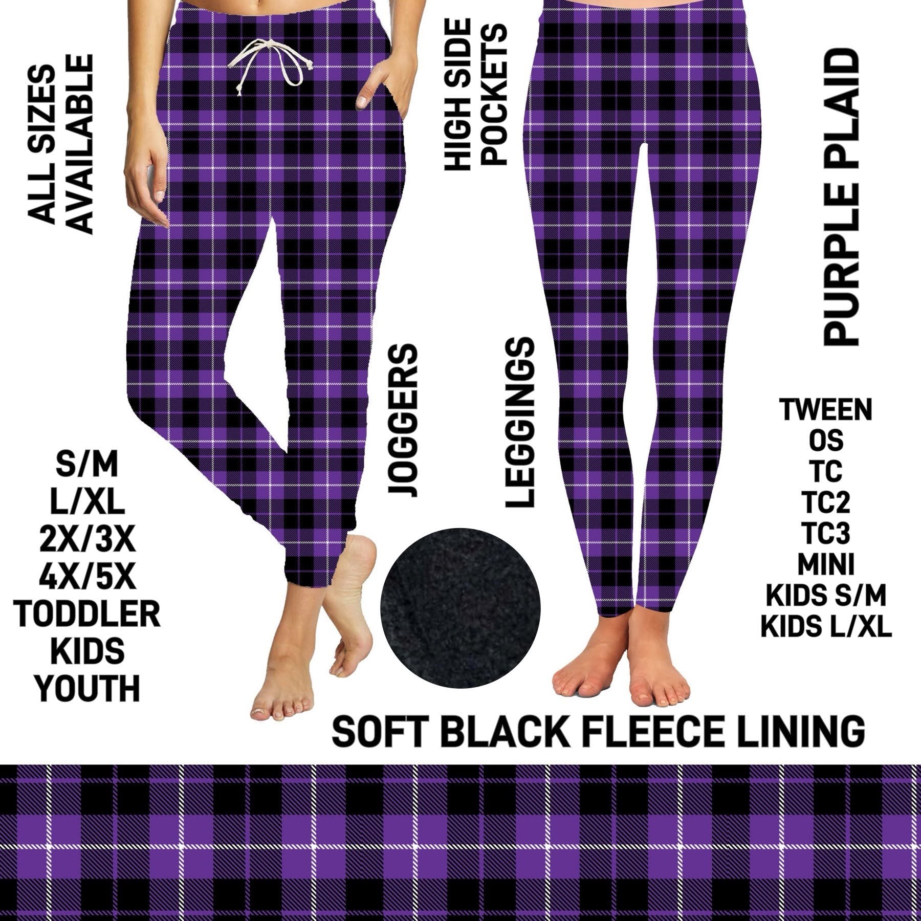 F6LJ - Purple Plaid Fleece-Lined Leggings with High Side Pockets - Preorder ETA: Early Jan