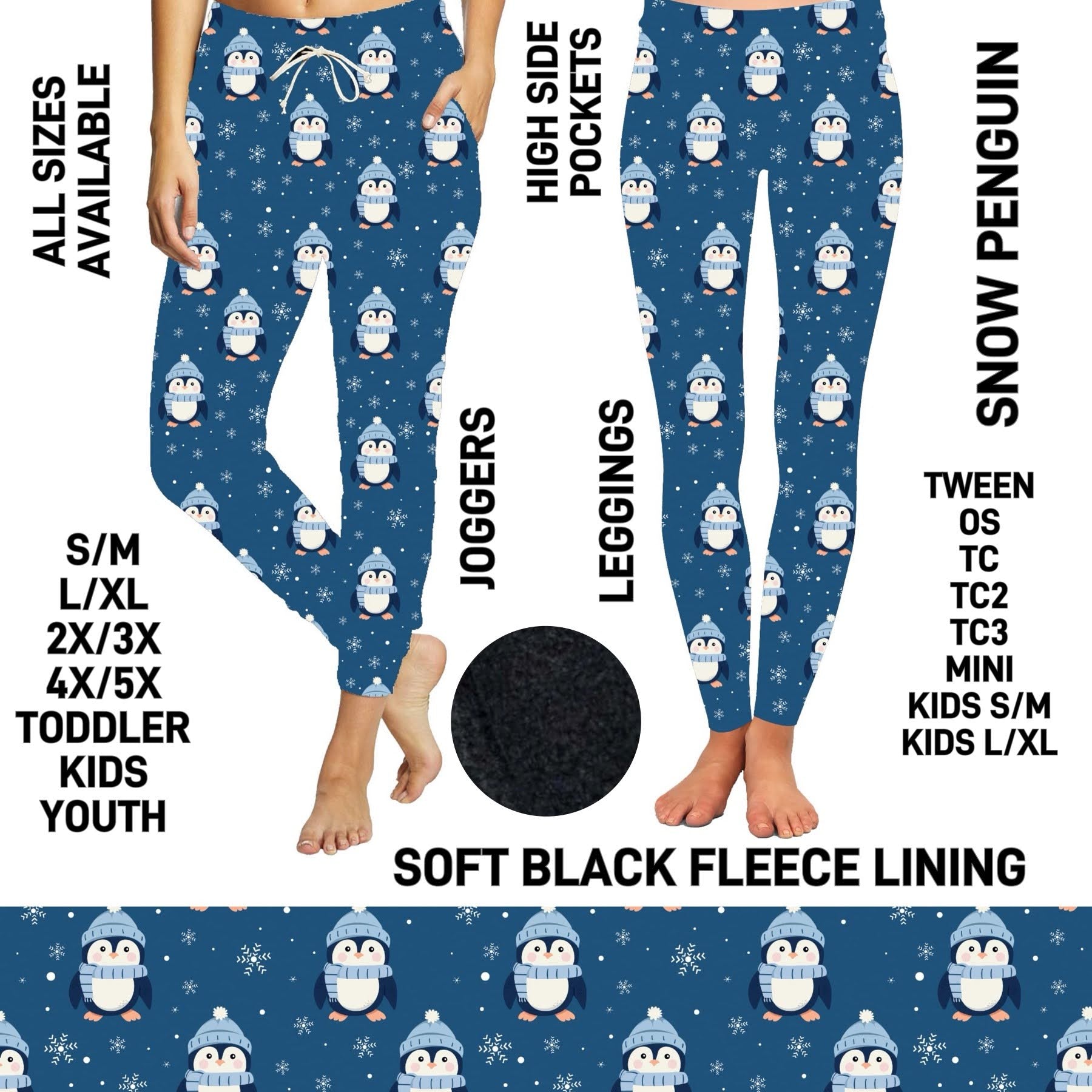 F6LJ - Snow Penguin Fleece-Lined Leggings with High Side Pockets - Preorder ETA: Early Jan