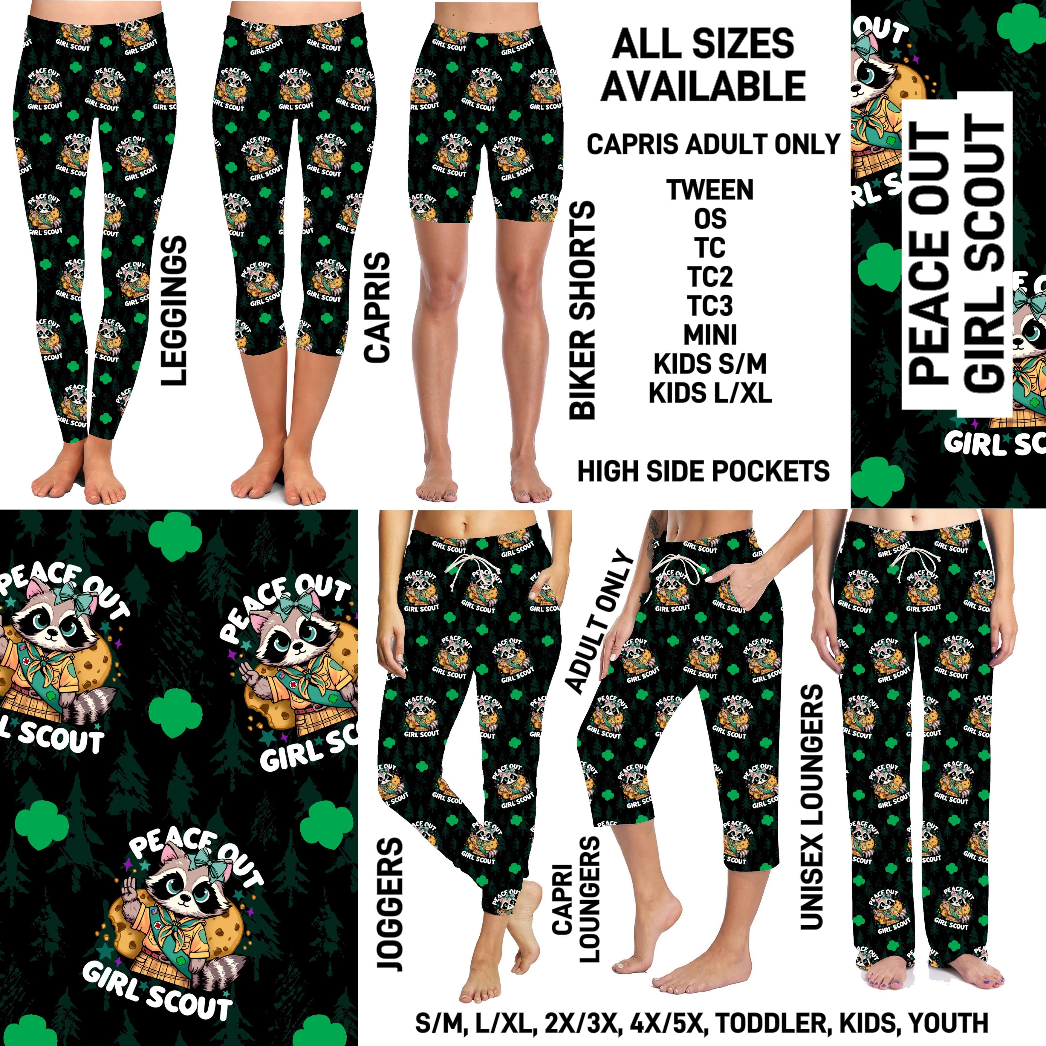 GS1P - Peace Out Girl Scout Biker/Capris/Leggings with High Side Pockets - Preorder ETA: Early Jan