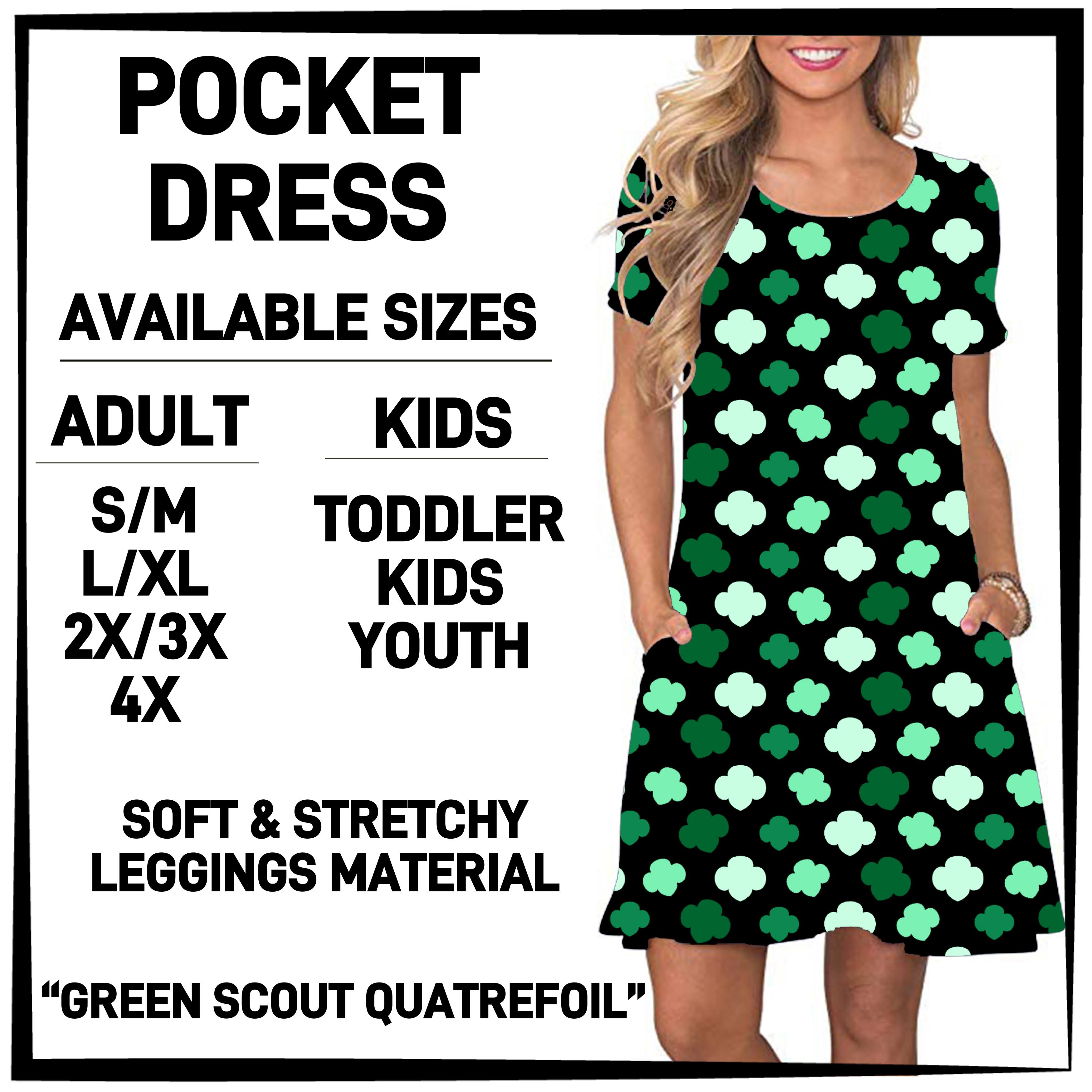 GS1P - Green Scout Quatrefoil Pocket Dress - Preorder ETA: Early Jan