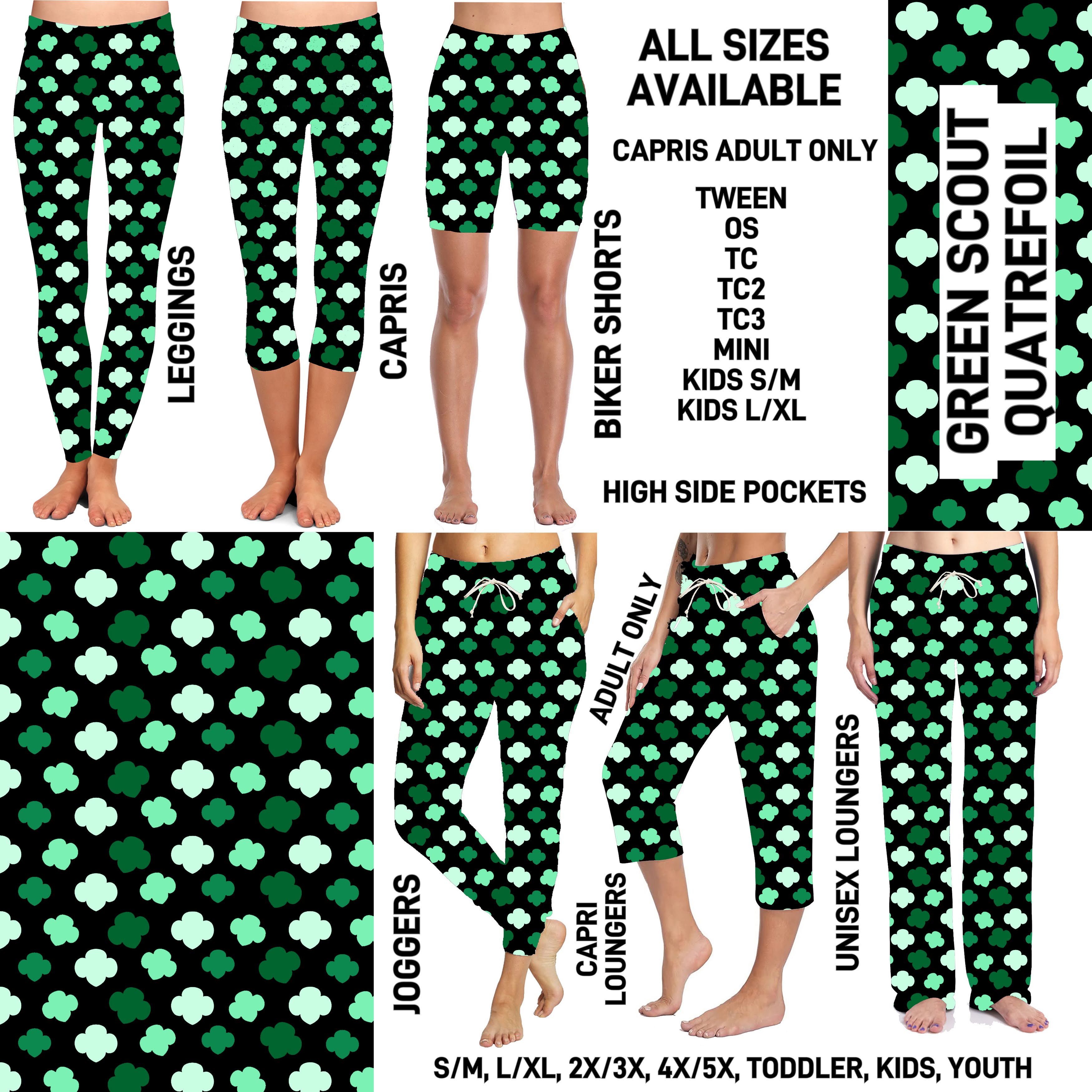 GS1P - Green Scout Quatrefoil Biker/Capris/Leggings with High Side Pockets - Preorder ETA: Early Jan