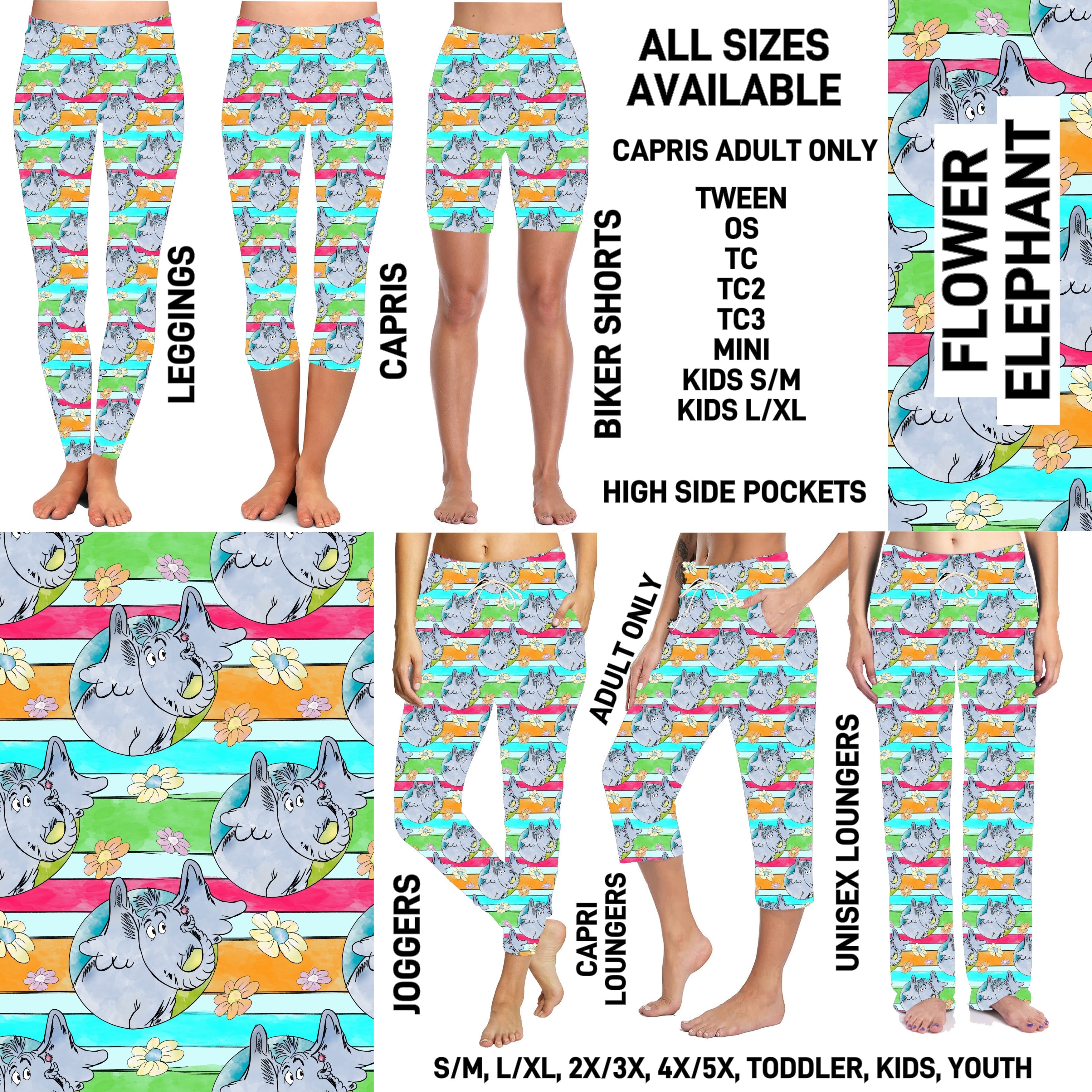 DR2S - Flower Elephant Biker/Capris/Leggings with High Side Pockets - Preorder ETA: Mid-Jan