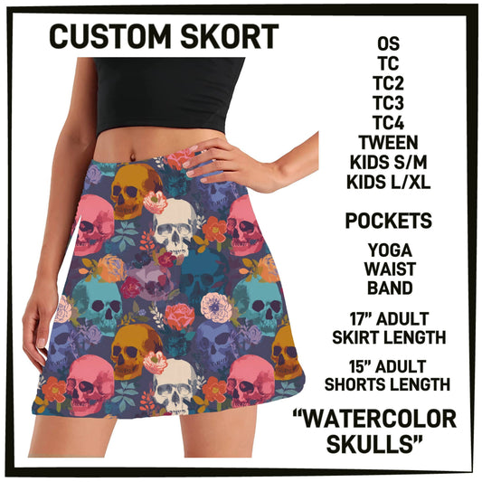 275BT - Watercolor Skulls Skort with Pockets - Preorder Closing 12/14 ETA: Mid-Feb