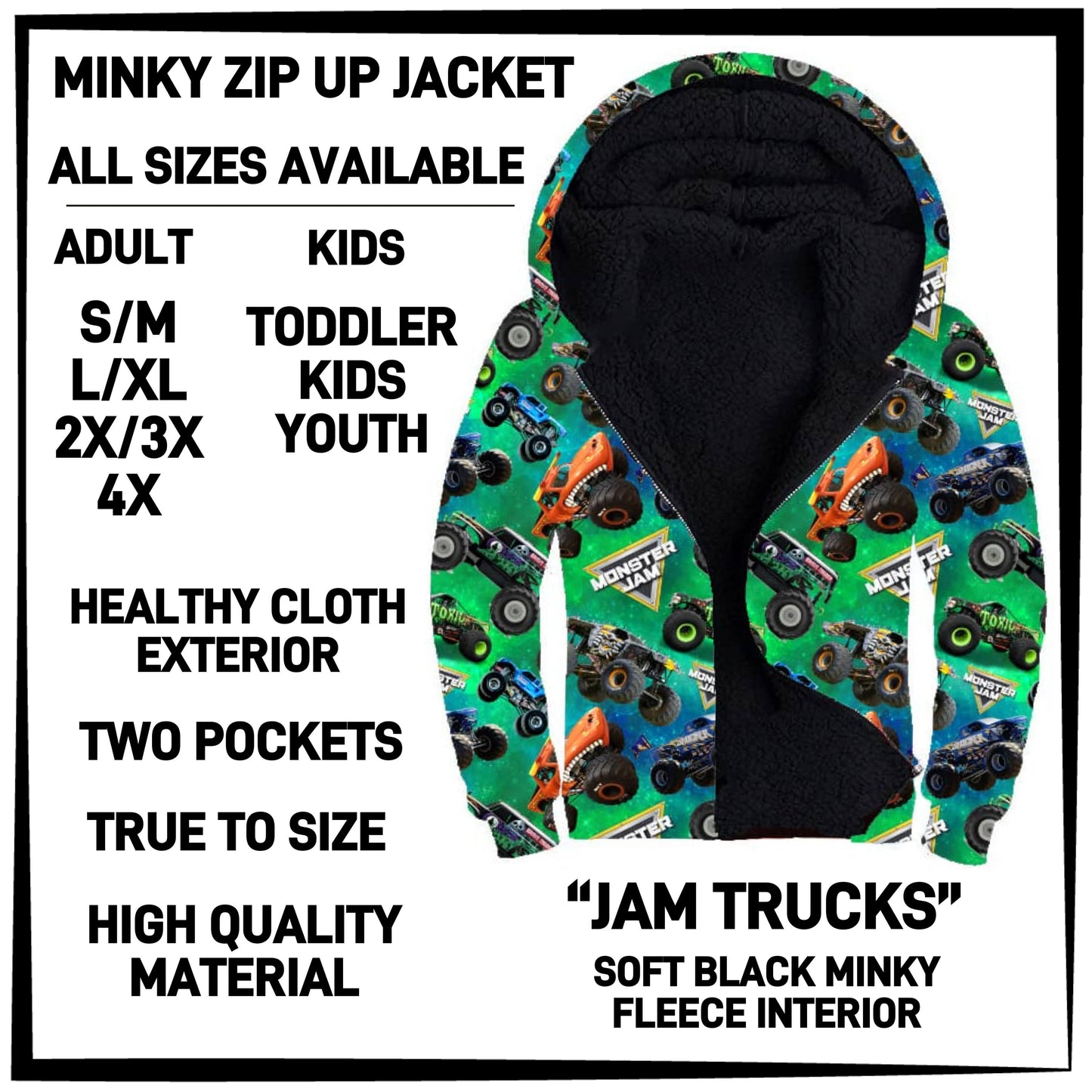 MK3J - Jam Trucks Minky Zip Up Jacket - Preorder Closing 12/23 ETA: Late Feb