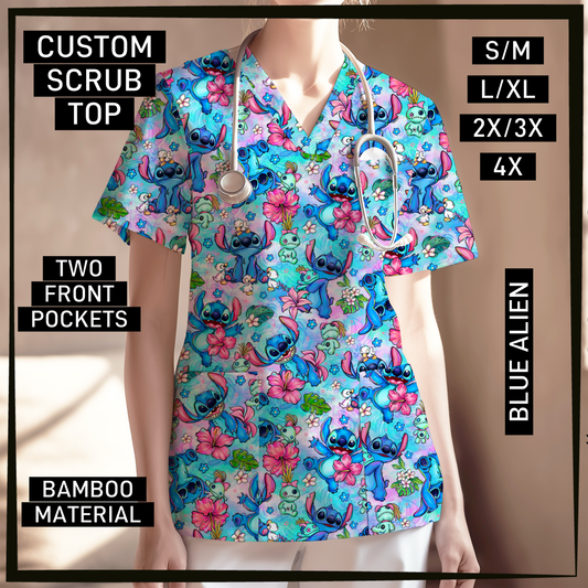 SC0B - Blue Alien V-Neck Scrub Top - Preorder Closing 5/26 ETA: Late July