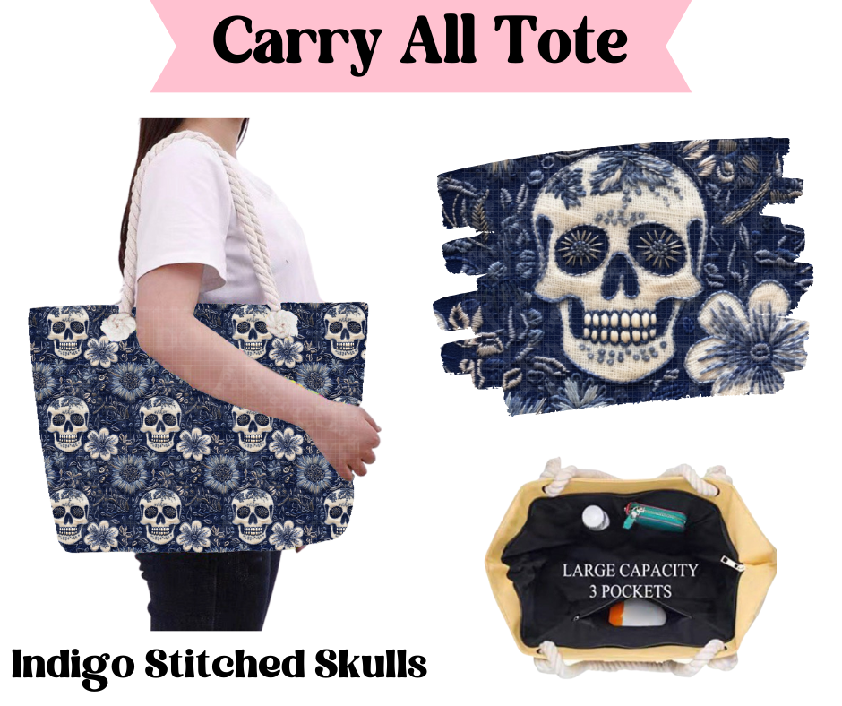 Indigo Stitched Skulls Carry All Tote