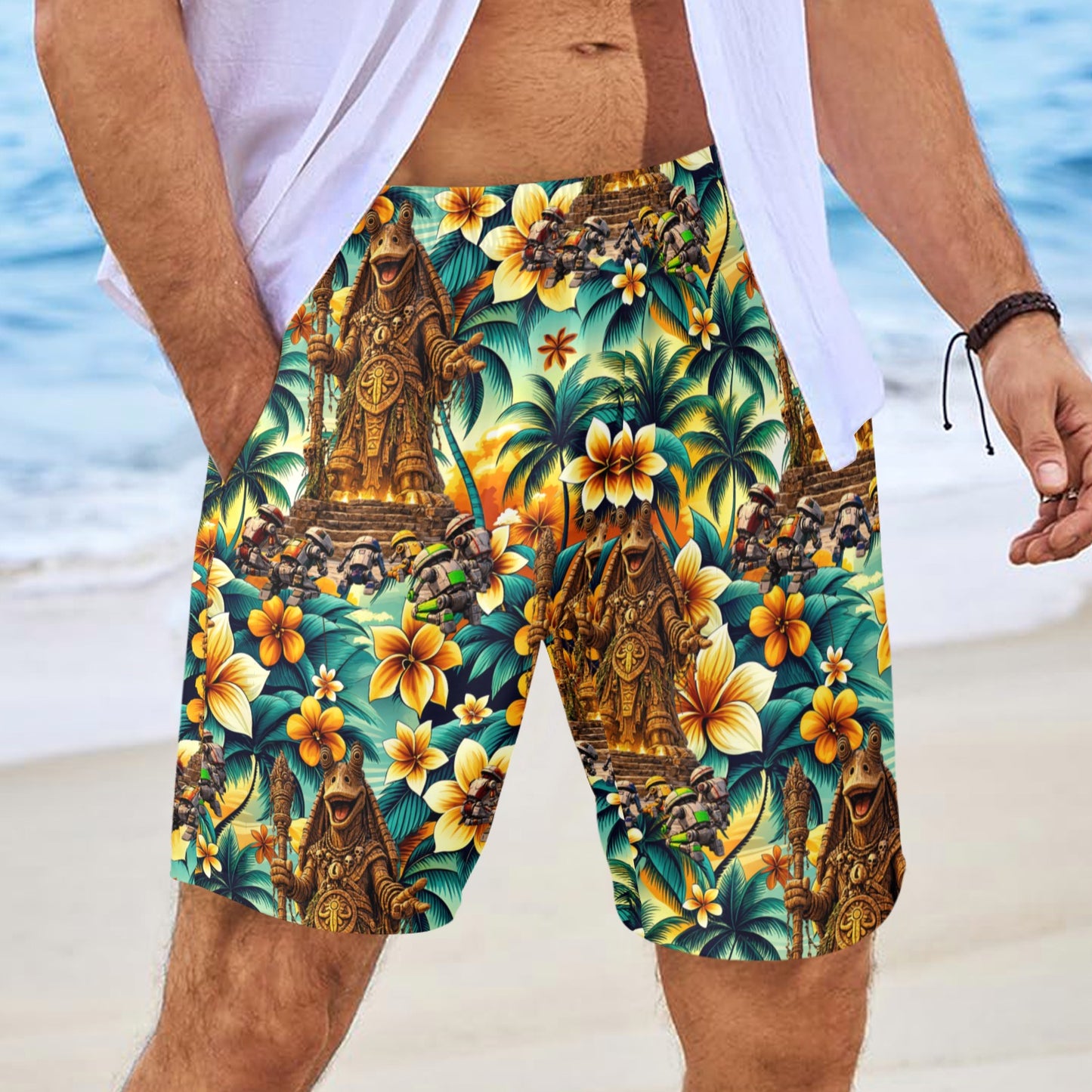 Tiki Gungan Mens Beach Shorts with Drawstring Waist