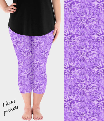 RTS - Light Purple Tie Dye Capri Leggings with Pockets