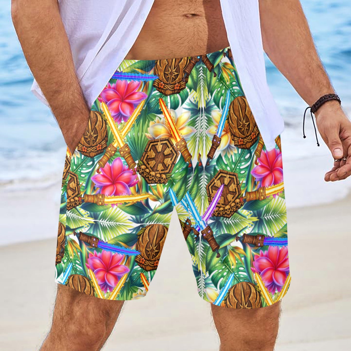 Tiki Light Sabers  Mens Beach Shorts with Drawstring Waist