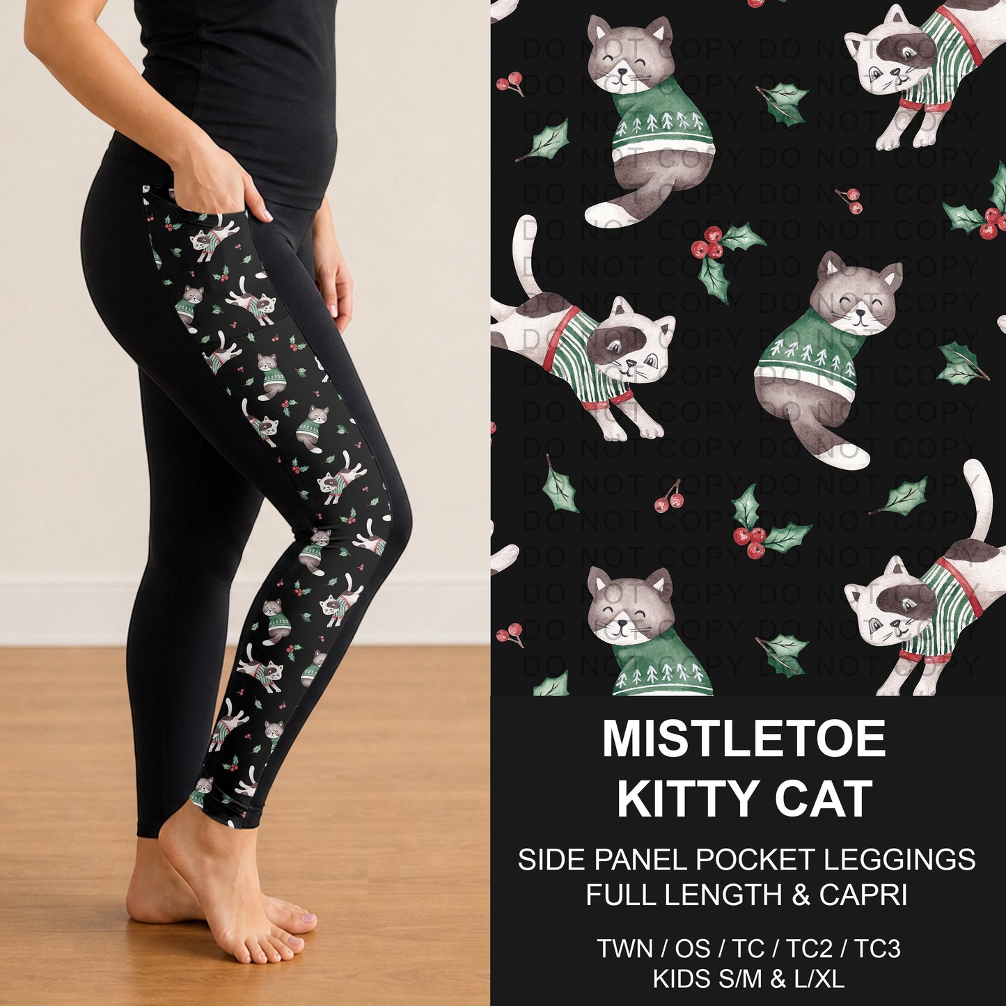 B303 - Preorder Mistletoe Kitty Cat Side Panel Pocket Leggings (Closes 7/26. ETA: early Oct.)