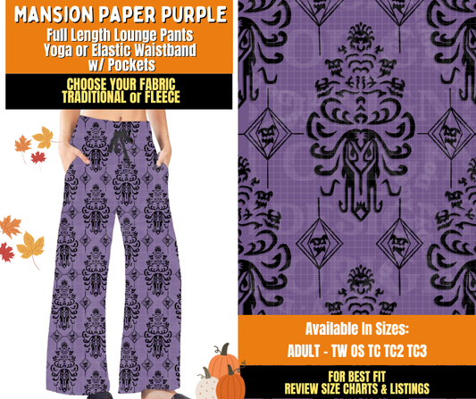 Preorder! Closes 7/16. ETA Oct. Mansion Paper Purple Lounge Pants Choose Fleece or Traditional