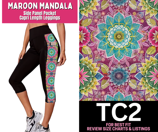 Maroon Mandala Side Panel Pocket Capri Length Leggings