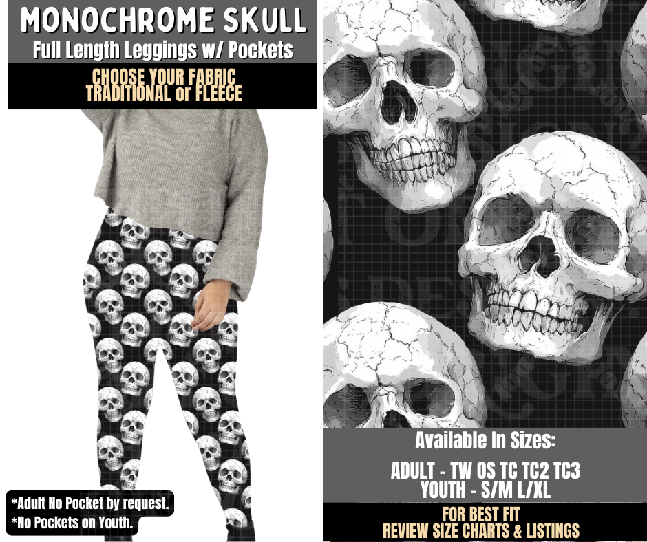 Preorder! Closes 8/3. ETA Nov. Monochrome Skull Leggings Choose Fleece or Traditional