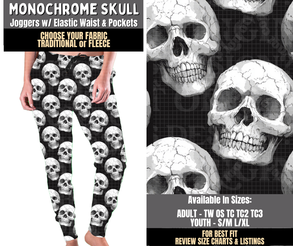 Preorder! Closes 8/3. ETA Nov. Monochrome Skull Joggers Choose Fleece or Traditional