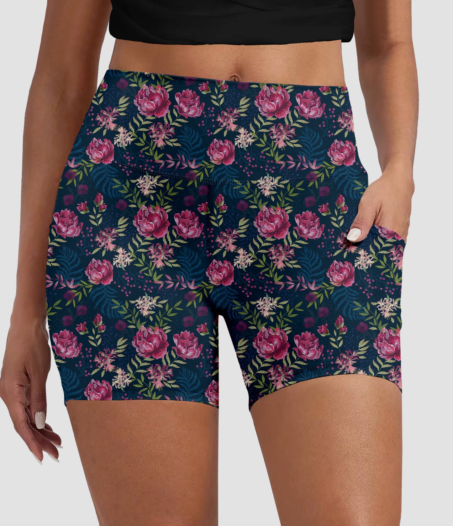 RTS - Moonlit Peony Garden Biker Shorts with Pockets
