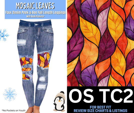 Mosaic Leaves Faux Denim Full Length Peekaboo Leggings