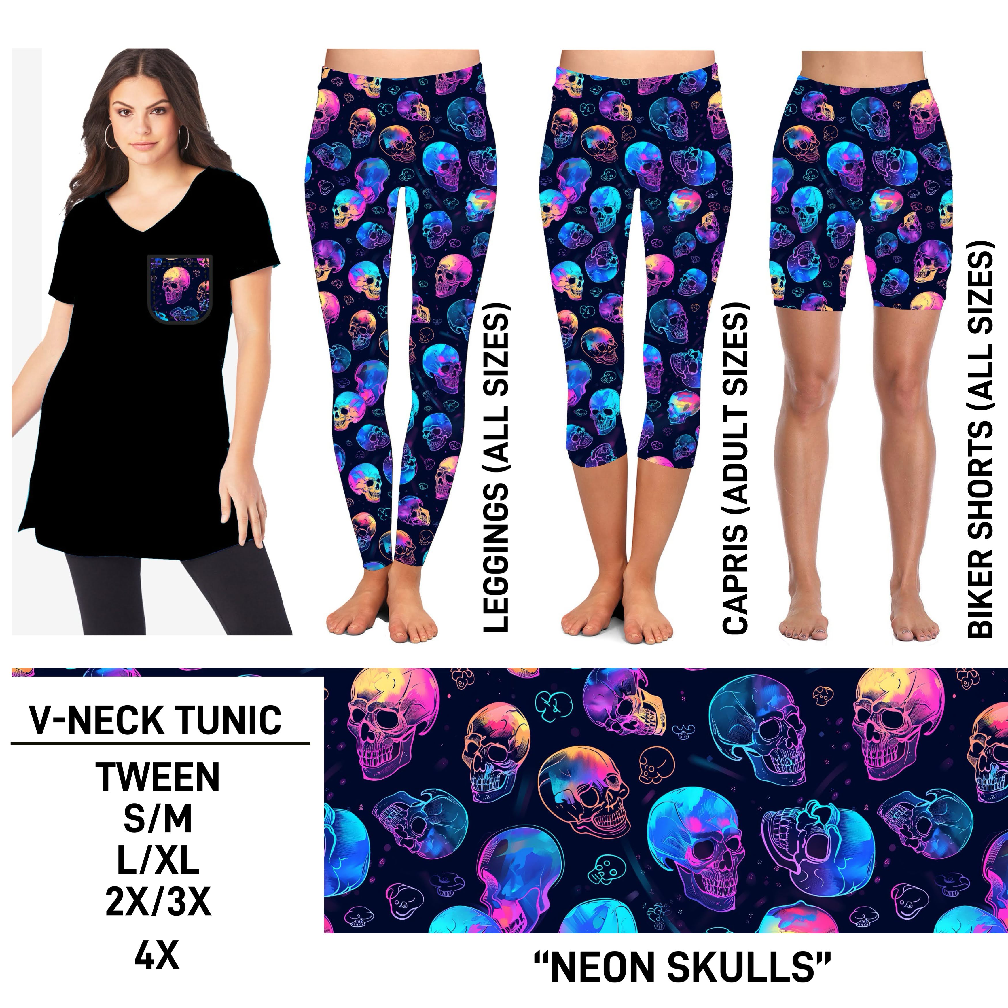 TS2N - Neon Skulls V-Neck Tunic - Preorder ETA: Mid-Feb