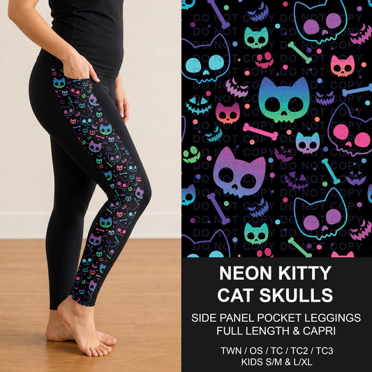 B297 - Preorder Neon Kitty Cat Skulls Side Panel Pocket Leggings (Closes 6/28. ETA: early Sept.)