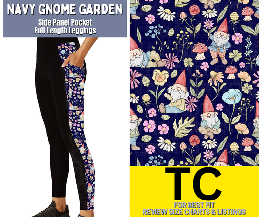 Navy Gnome Garden Side Panel Pocket Full Length Leggings
