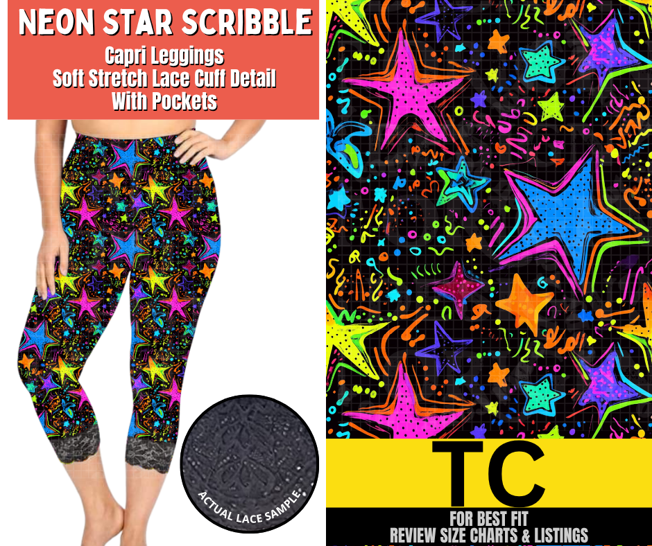 Neon Star Scribble Lace Cuff Capris w/ Pockets