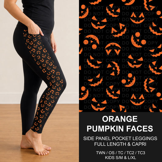 B295 - Preorder Orange Pumpkin Faces Side Panel Pocket Leggings (Closes 6/14. ETA: late Aug.)