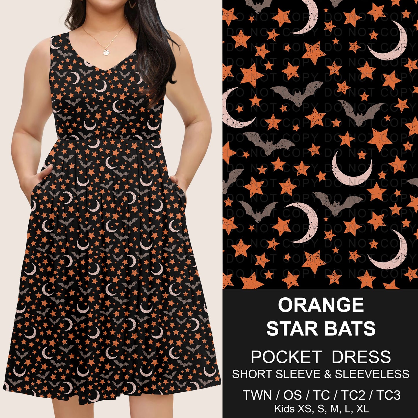 B302 - Preorder Orange Star Bats Pocket Dress (Closes 7/24. ETA: early Oct)