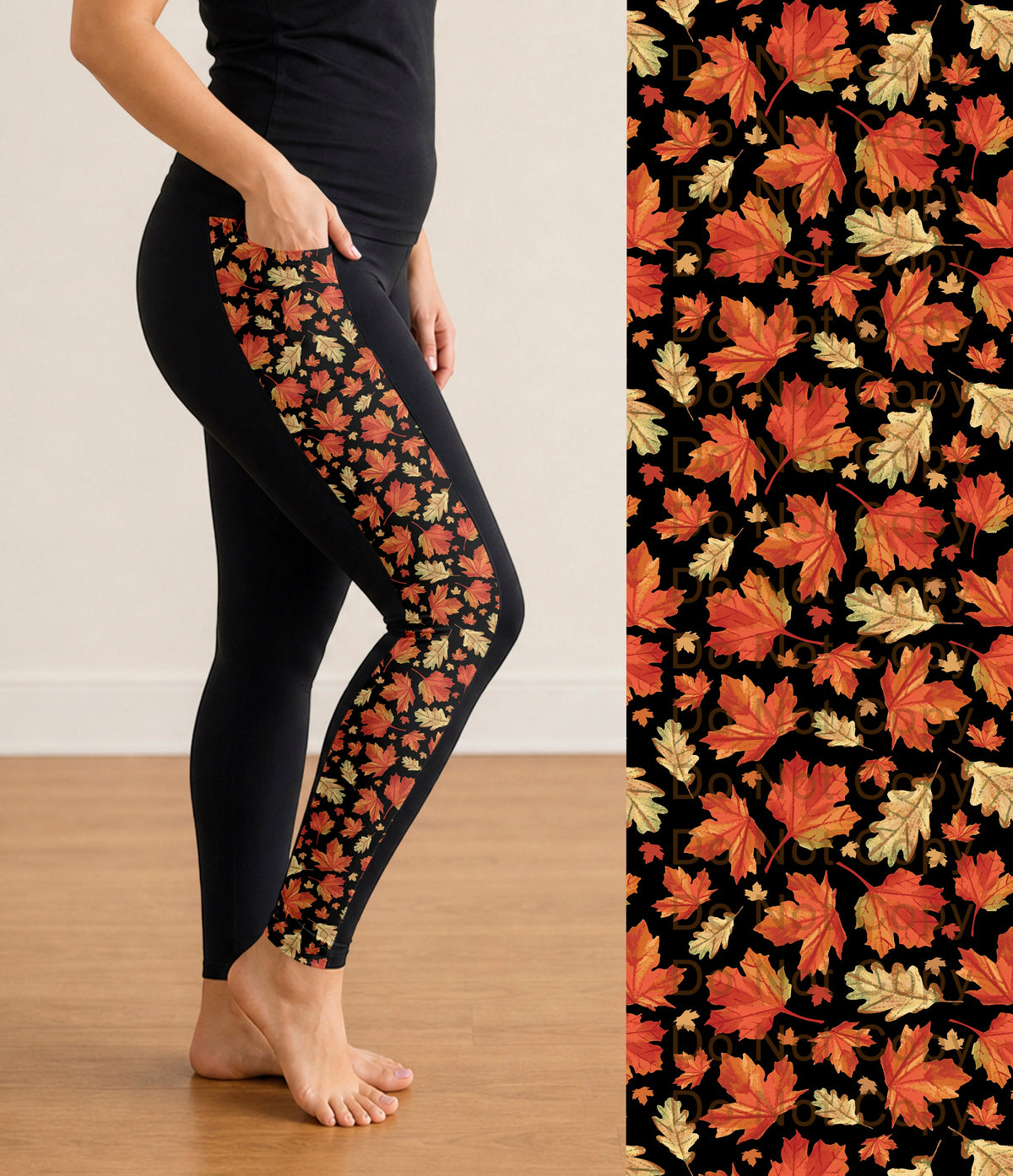 RTS - Orange Leaves Side Panel Leggings with Pockets