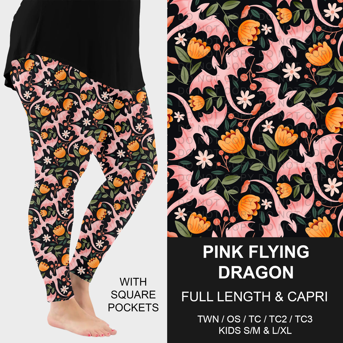 B319 - Preorder Pink Flying Dragon Leggings w/ Pockets (Closes 11/01. ETA: early Jan.)