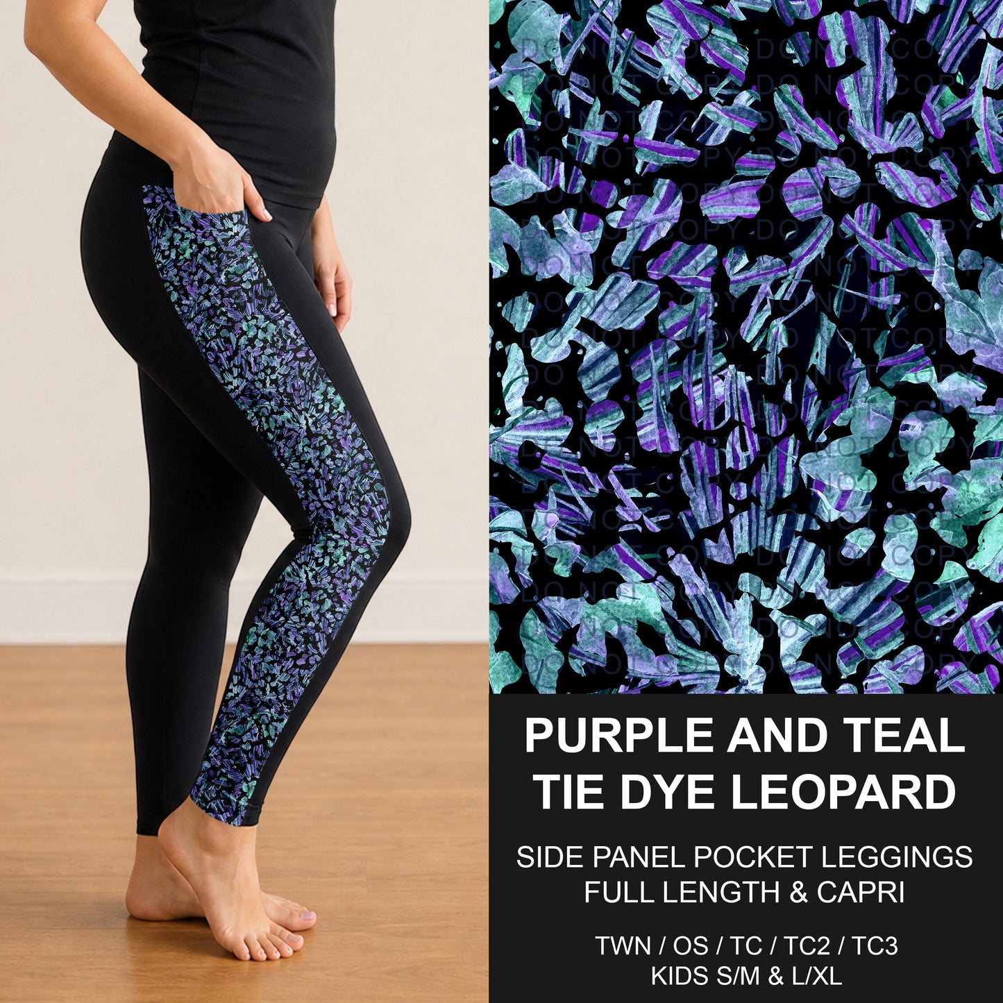 B300 - Preorder Purple and Teal Tie Dye Leopard Side Panel Pocket Leggings (Closes 7/15. ETA: mid Sept.)
